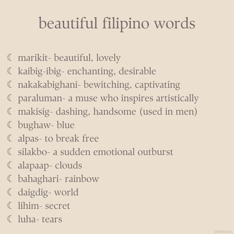 Filipino Phrases Tattoo, Filipino Beautiful Words, Filipino Swear Words, Tagalog Vocabulary Words, Aesthetic Filipino Words, Beautiful Tagalog Words With Meaning, Filipino History Aesthetic, Filipino Words And Meanings, Tagalog To English Words