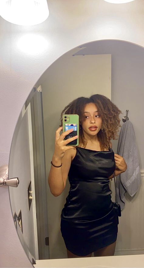 Silk dress, black silk dress, night out outfits, natural hair, curly hair, black girl fashion Black Silk Dress Black Women, Black Graduation Dress, Night Out Outfits, Out Outfits, Dress Night Out, Dress Night, Black Silk Dress, Black Satin Dress, Night Out Outfit