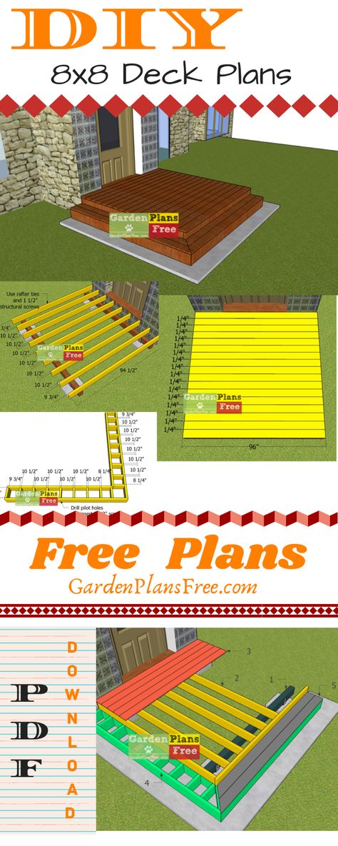 This is a step by step plan on how to build a 8x8 free standing deck. This deck is easy to make and and it features a simple structure with steps on two sides. Full Cut and Shopping lists included! PDF download as well. #deck #deckplans #diydeck 8x8 Deck Plans, Front Entrance Deck, Free Deck Plans, Carpentry Ideas, Freestanding Deck, Ground Level Deck, Building A Floating Deck, Platform Deck, Free Building Plans