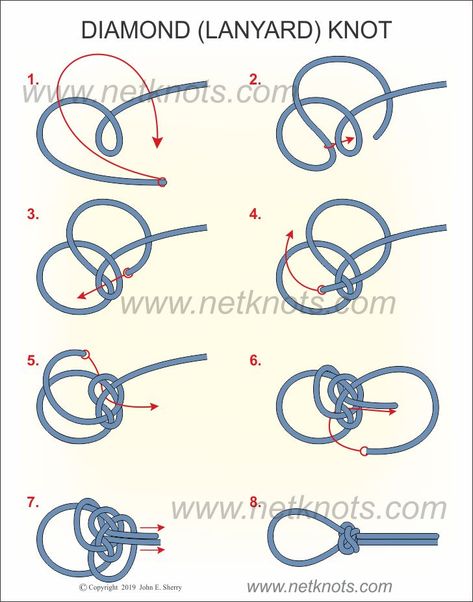 How to tie the Lanyard Knot animated and illustrated by NetKnots How To Tie A Lasso Knot, How To Tie Rope Hand Cuffs, Lanyard Knot Tutorials, Diamond Knot Tutorial, Knot Tying Instructions, Knot Tying Tutorial, Animated Knots, Lanyard Knot, Friendship Knot