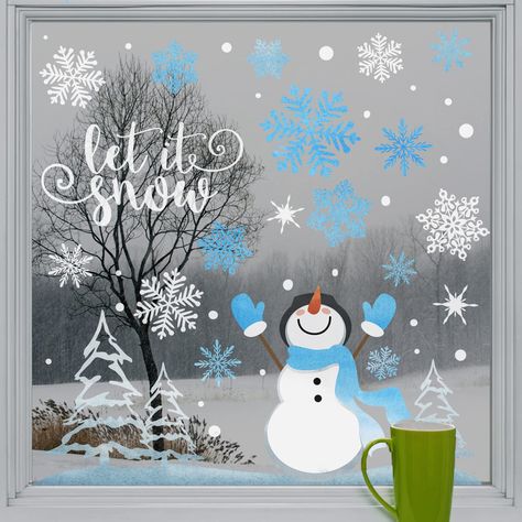 Glass Window Decals, Christmas Window Painting, Christmas Window Stickers, Holiday Kitchen Decor, Snowflake Sticker, Arte Aesthetic, Winter Holiday Decorations, Winter Window, Christmas Window Decorations