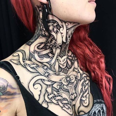 Session 3 done! Me and @deniseganuza still need to get the other side of the neck done, but we're making progress! The hole design is done in dots (pointillism) by machine as we don't have the time to do it by hand as she is visiting from Argentina, and it's the most painless method to do so much work in the time we have( and I believe this is how viking tattoos may have looked). @deniseganuza Is also a tattooist, and a very good one at that! Otherwise I wouldn't normally tattoo so high up th... Celtic Tattoo Designs, Scandinavian Tattoo, Throat Tattoo, Irish Tattoos, Knot Tattoo, Celtic Tattoo, Cool Chest Tattoos, Warrior Tattoos, Norse Tattoo