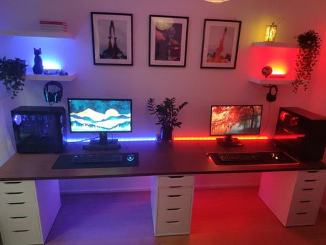 Double Gamer Room, Double Gaming Setup, Dual Gaming Setup, Gameing Set Up, Couples Battlestation, Office And Game Room Combo, His And Hers Gaming Room, Couple Room Ideas, Small Game Room Design