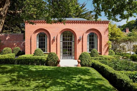 Red Brick Garden, The Orangery, Traditional Bathrooms, Brick Arch, Brick Garden, Studios Architecture, Built In Furniture, Glass Box, Garden Office