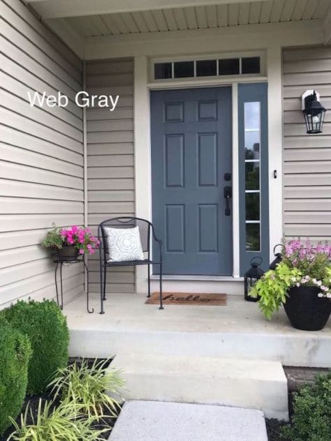 The 6 Top Front Door Paint Colors (That Even Your HOA Will Love) - Kylie M Interiors Door Color For Taupe House, Slate Blue Front Door, Gray House Front Door Color, Front Door Colors With Tan House, Gray Front Door, Blue Door House, Brown Front Doors, Kylie M Interiors, Best Front Door Colors