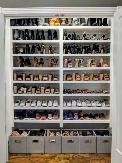 7 Closet Organization Tips You've Never Heard organized shoe closet | organized shoes | shoe organization | shoe wall | closet design | poppin | the container store | professional organizer… More Diy Shoe Organization, Closet Organization Tips, Shoe Organization Diy, Closet Organized, Organize Life, Shoe Organization, Organized Closet, Closet Shoe Storage, Closet Hacks Organizing