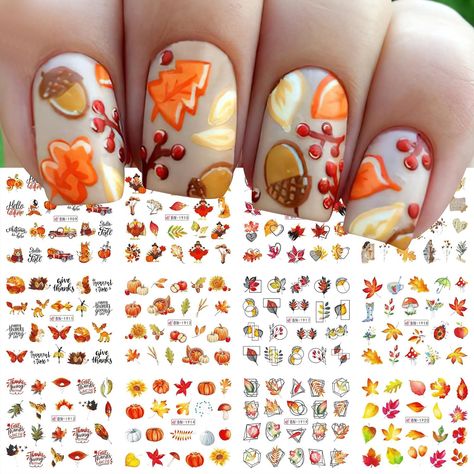 PRICES MAY VARY. 🍁The Package Includes: You will get 12 sheets of Thanksgiving water transfer nail art stickers, each sheet is 2.5 * 2.1 inches in size. A variety of designs of maple leaf, ginkgo, pumpkin, turkey, squirrel, fox, insect, butterfly, abstract leaves, mushroom and so on. 🍁Fall Thanksgiving Designs: The autumn style nail stickers with yellow and orange as the main color can make your nails look beautiful and unique. It is an ideal choice for Thanksgiving dressing, autumn harvest at Fall Fairy Nails, Squirrel Nail Design, Acrylic Nail Fall, Pumpkin Nail Design, Fall Leaves Nails, Fall Pumpkin Nails, Thanksgiving Water, Maple Leaf Nail Art, Pumpkin Nail Designs