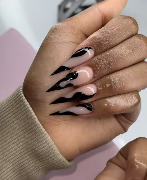 Black French Tip Nails Red Bottoms, Long Black Red Bottom Nails, Red Bottom Stiletto Nails, Long Black Nails With Red Bottoms, Black Stilleto French Tip Nails, Stiletto Nails With Gems, Stiletto Nails Black Women, Red And Black Nails Acrylic Stilettos, Nails On Black Women