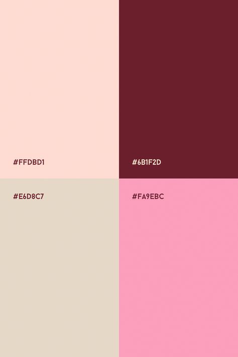 Color palette Powder pink, burgundy, cold beige & baby pink Burgundy And Pink Room Ideas, Pink Brown Branding, Colors That Go With Pink, Pink Brown Color Palette, Baby Pink Color Palette, Pink And Beige Color Palette, Burgundy Branding, Pink Colour Palette, Pink Color Combination