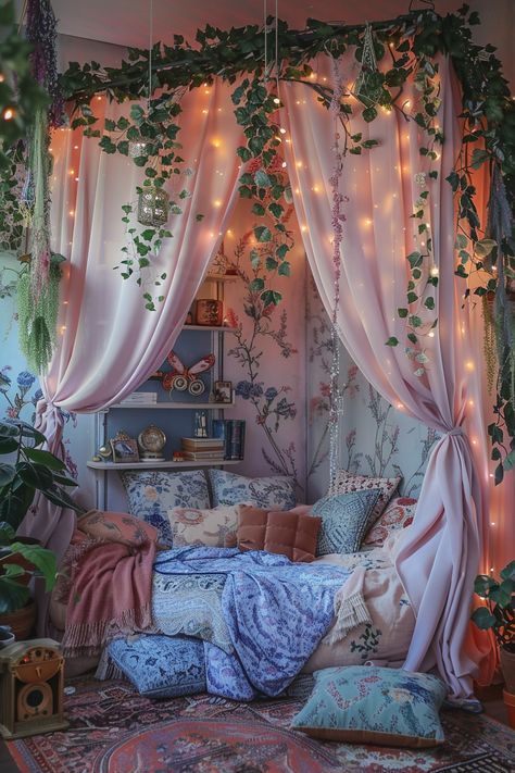 Create Your Bohemian Oasis: Dreamy Bedroom Decor Ideas Vines Canopy Bed, Ivy Fairy Lights Bedroom, Canopy Bed With Plants, Whimsigoth Kitchen, Party Room Aesthetic, Cozy Vibes Aesthetic, Fairy Core Bedroom, Fairy Garden Bedroom, Wedding Party Room