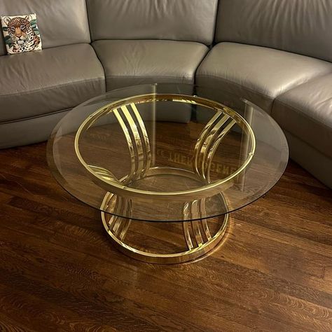 Vintage Home NYC on Instagram: "glass & brass coated coffee table✨ round coffee table with brass finished metal base, perfect for a smaller space, some age appropriate wear to frame pictured, overall good condition. approx. 36” W x 16” H $300 • local nyc delivery included dm to purchase" Coffee Table Round, Home Nyc, Sofa Sets, Table Round, Design Principles, Nordic Design, Round Coffee Table, Vintage Home, Metal Base