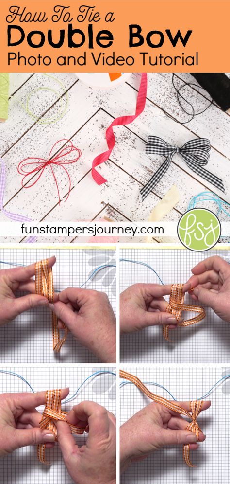 Learn to tie a double bow using twine, ribbon, thread and more. This easy tutorial will teach you just how to make gorgeous and simple bows. Once you master the technique, you can make triple or quadruple bows too! #funstampersjourney #cardmaking #papercrafting #ribbon #bows How To Tie A Bow With Twine, How To Decorate Candles With Ribbon, How To Tie Double Bow, How To Tie A Bow Around A Wine Bottle, Twine Bows Diy, Double Ribbon Bow Tutorial, How To Tie A Double Bow With Ribbon, How To Make A Double Bow, Double Bow Tutorial