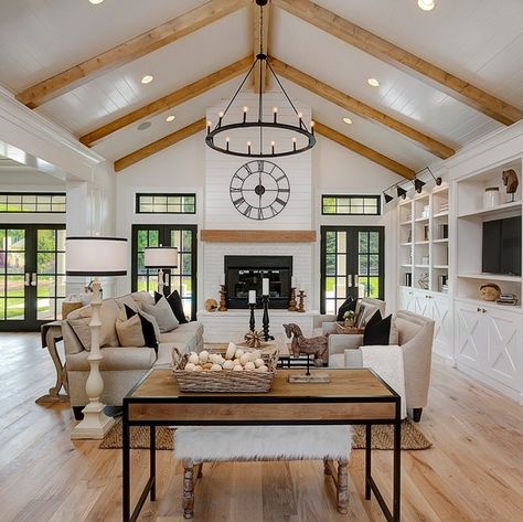 Brick And Shiplap, Kitchen Open Concept, White Brick Fireplace, Vaulted Ceiling Living Room, Shiplap Fireplace, Modern Farmhouse Living, Modern Farmhouse Home, Modern Farmhouse Living Room, Farmhouse Interior