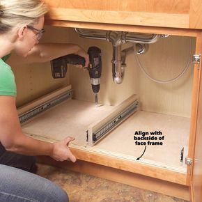 Diy Pull Out Shelves, Kitchen Cabinet Storage Solutions, Trays Diy, Under The Kitchen Sink, Organiser Cucina, Cabinet Storage Solutions, Cheap Kitchen Cabinets, Kitchen Sink Storage, Kabinet Dapur