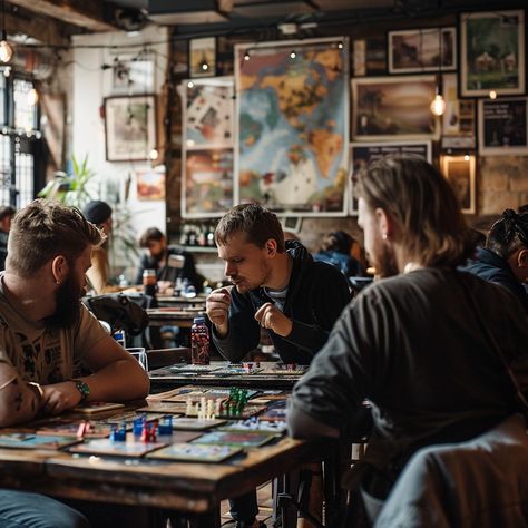 Board Game Cafe: Friends gathered in a cozy cafe, engrossed in a strategic board game surrounded by eclectic decor. #cafe #friends #boardgame #concentration #coffee #aiart #aiphoto #stockcake ⬇️ Download and 📝 Prompt 👉 https://ayr.app/l/RUY4 Board Games Photoshoot, Board Games Aesthetic, Games Cafe, Board Game Bar, Cafe Friends, Free Board Games, Bord Games, Liquid Sky, Cafe Idea