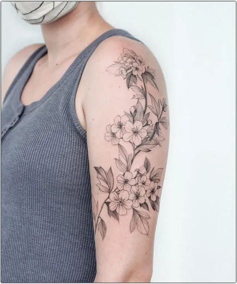 Apple Blossom Tattoos, Honeysuckle Tattoo, Jasmine Tattoo, White Flower Tattoos, Black And White Flower Tattoo, Sakura Tattoo, Wrap Tattoo, Flower Tattoo Back, Skeleton Hand Tattoo