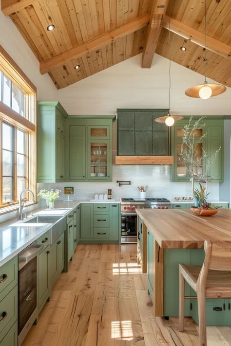 Kitchens With Green Cabinets, Green And Wood Kitchen, Kitchen Cabinets Green, Earthy Kitchen, Cabin Vibes, Ranch Kitchen, Green Kitchen Cabinets, Cabin Kitchens, Farmhouse Kitchen Design