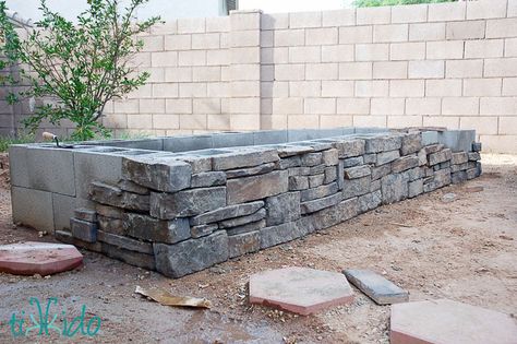 Learn how to build a raised garden bed with concrete cinder blocks and stone veneer. Raised Herb Garden, Garden Bed Layout, Stone Planter, Cinder Block Garden, Raised Flower Beds, Vegetable Garden Raised Beds, Cinder Blocks, Building A Raised Garden, Diy Raised Garden