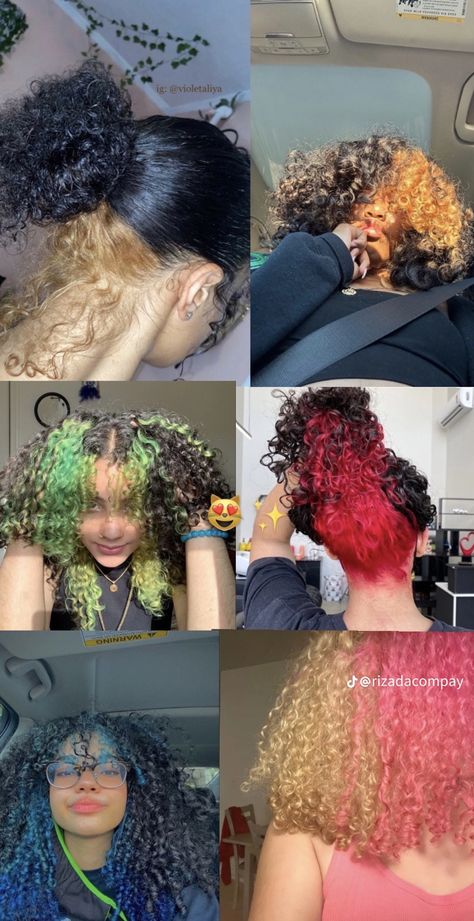 Part Hair Dyed, Curly Hair Dye Ideas Honey Blonde, Different Way To Dye Hair, Hair Color Ideas 2 Colors, Types Of Ways To Dye Hair, Dyed Hair Ideas For Black Women, Umbrella Hair Color, Braided Hairstyles Aesthetic Black, Color For Curly Hair Ideas