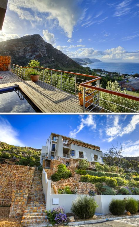 What's better than to relax in a pool while marveling at a breathtaking view of the sea and mountains! At Umnenge House in Simon's Town you can have all this and more. #simonstown #capetown #atthesea #seaview #mountainview #nature Capetown Houses, House Near Beach, Beach View House, House Near The Sea, Sea And Mountains, Sea View House, Mountain View Home, Sea House, Dream Beach Houses