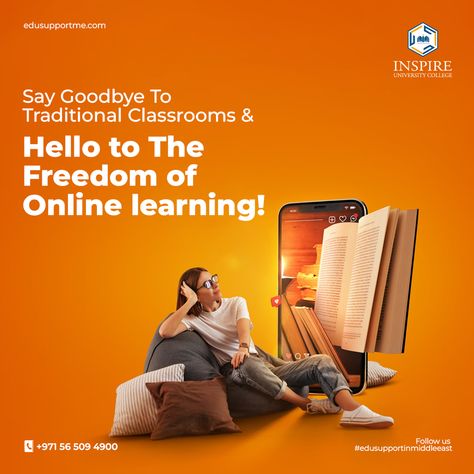 Want to learn from the comfort of your own home? Our online institute provides a high-quality education experience that you can access from anywhere in the world. With experienced instructors and engaging course content, you'll get the knowledge and skills you need to succeed.✨ #️⃣Follow us #edusupportinmiddleeast 📍To Apply 📞contact us at +971 56 509 4900 #distancelearninguae #distanceeducationdubai #onlinelearningplatformdubai Educational Creative Ads Design, Online Education Creative Ads, Training Course Poster Design, Online Education Poster Design, Institute Poster Design, Online Course Poster, Courses Poster, Webinar Banner, Student App