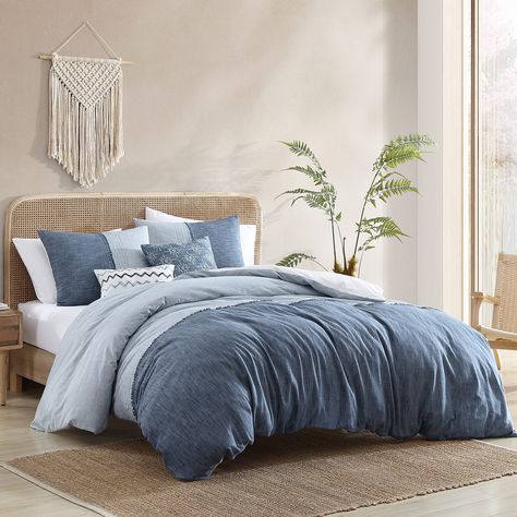 PRICES MAY VARY. Comforter Cover, Shams: Shell: 100% Cotton Set Includes 1 queen comforter (92" W X 92" L), 2 standard shams (20" W X 26" L), 1 square pillow (18" W X 18" L), 1 rectangle pillow (12" W X 18" L) Comforter Cover with removeable filler (ties on inside) Machine washable Use front load commercial washer and dryer Chambray Blue Bedding, Denim Bedroom Ideas, Blue Bedding Sets, Blue Comforter, Tones Of Blue, Bedroom Remodel, Bob's Discount Furniture, Comforter Bedding Sets, King Comforter Sets