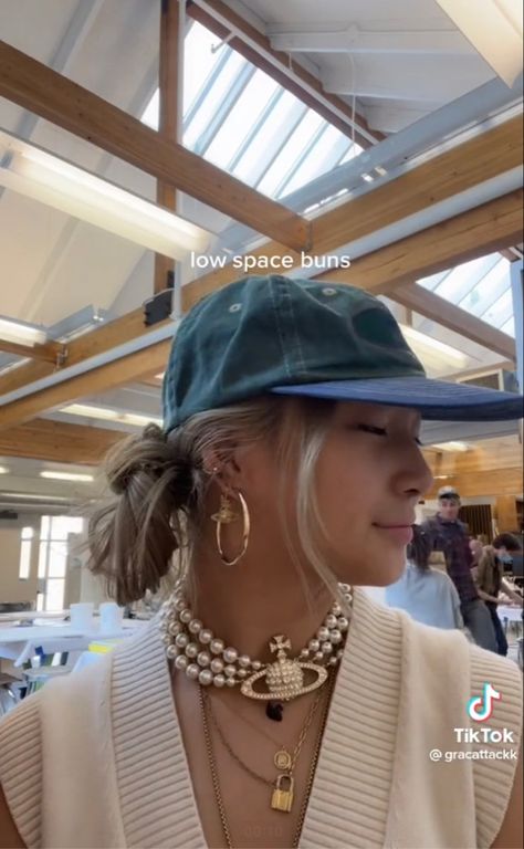 Low Space Buns, Bucket Hat Hairstyles, Hair Stylea, Space Buns, Bun Hat, Scarf Hairstyles, Hat Hairstyles, Buns, Summer Hairstyles