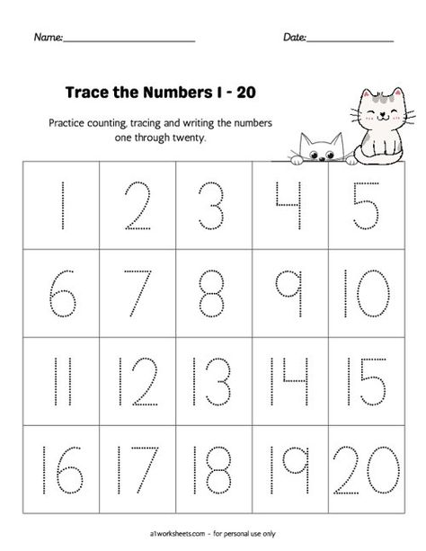 Tracing the Numbers 1-20 Worksheets Learning To Write Numbers, Numbers Preschool Printables, Printable Worksheets For Kindergarten, Number Recognition Worksheets, Number Tracing Worksheets, Pre K Worksheets, Counting To 120, Tracing Numbers, Free Printable Numbers