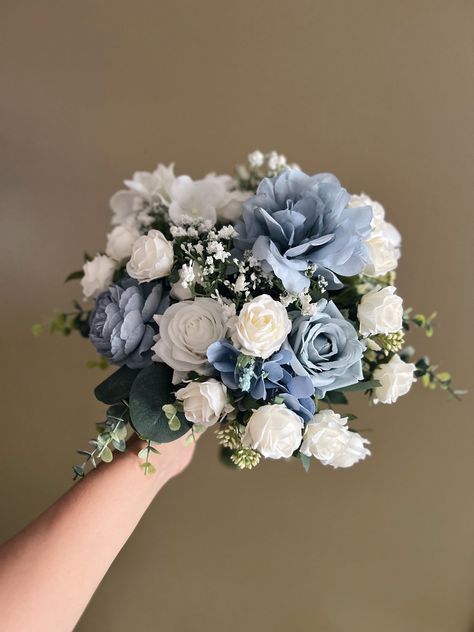 Bouquet Of Flowers Dusty Blue, White Green Light Blue Bouquet, Blue White Green Bridal Bouquet, Blue Flower Bouquet Prom, Blue And Green Flower Bouquet, Blue White Flower Bouquet, Wedding Flowers Blue And Green, Dusty Blue And White Bouquet, Faux Flower Wedding Bouquet