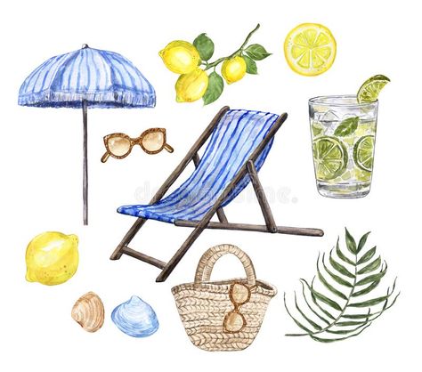 Watercolor summer marine illustration. Beach chair, umbrella, sunglasses, bag, mojito cocktail, isolated. Watercolor summer beach clipart. Hand painted striped royalty free illustration Marine Illustration, Umbrella Drawing, Umbrella Illustration, Illustration Beach, Beach Drawing, Beach Clipart, Mojito Cocktail, Summer Clipart, Summer Illustration