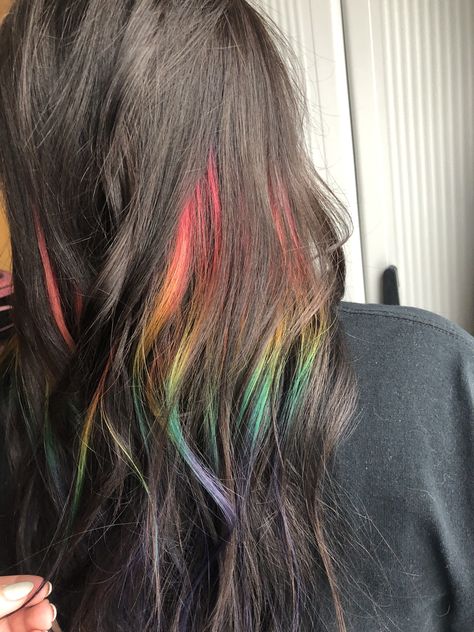 Rainbow peekaboo highlights using Pulp Riot hair color Rainbow Peekaboo, Rainbow Hair Highlights, Peekaboo Hair Colors, Peekaboo Highlights, Pulp Riot Hair Color, Peekaboo Hair, Pulp Riot Hair, Rainbow Hair Color, Pulp Riot