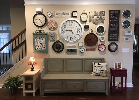 Clock Collection Display, Kitchen Wall Art With Clock, Clock Wall Decor Layout Living Room, Wall Of Clocks Display Ideas, Clock Gallery Wall, Wall Clock Collage, Wall Of Clocks, Living Room Clock Wall Decor, Wall Clock Decor Living Room Modern