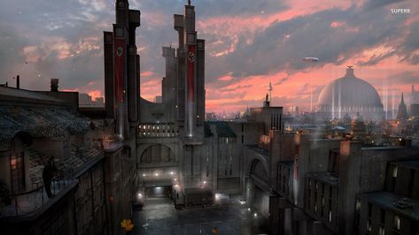 Video Game Wolfenstein: The New Order Wolfenstein Wallpaper Wolfenstein The New Order, Berlin Hotel, High Castle, Arte Cyberpunk, Fantasy City, New Order, Alternate History, Art Deco Architecture, Conceptual Design