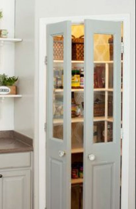 Narrow French Doors Interior, Diy French Doors, Narrow French Doors, Small French Doors, Narrow Pantry, Barn Door Pantry, Bifold Barn Doors, Corner Pantry, Small Pantry