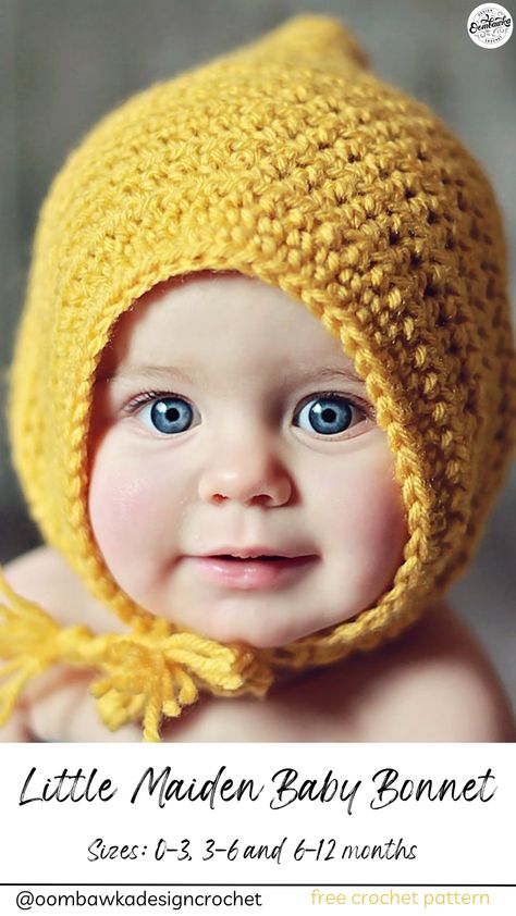 The Little Maiden Bonnet is super simple to make in your favorite Worsted Weight Yarn [4]. This adorable handmade bonnet pattern is available in 3 baby sizes and it can be crocheted in less than an hour! Pink Designs, Crochet Baby Bonnet, Bonnet Pattern, Crocheted Hat, Bonnet Crochet, Baby Bonnets, Haken Baby, Bonnet Hat, Baby Bonnet