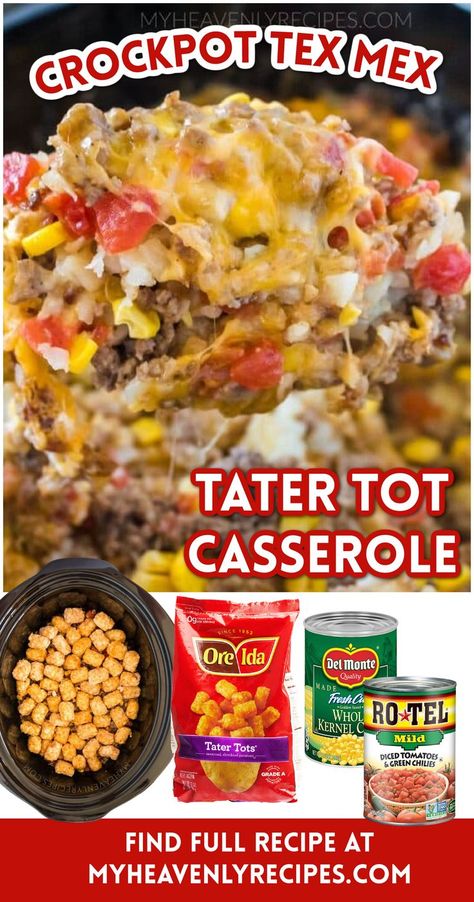 Crockpot Tex Mex Tater Tot Casserole Recipe- easy crockpot dinner idea using ground beef and sausage. Easy slow cooker meal for the family. Unique recipe Tex Mex Tater Tot Casserole, Easy Slow Cooker Meal, Ground Beef And Sausage, Sausage Crockpot Recipes, Ground Beef Crockpot Recipes, Ground Sausage Recipes, Slow Cooker Ground Beef, Sausage Crockpot, Slow Cooker Meal