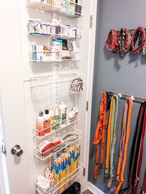 Dog Storage Closet, Garage Into Dog Room, Dog Gear Organization, Pet Supply Organization, Dog Storage Ideas, Dog Supplies Organization, Pet Closet, Diy Garage Storage Ideas, Pet Supplies Organization