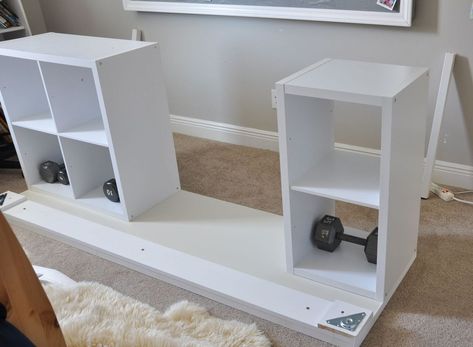 DIY Desk Using a Hollow Core Door and Some Cube Storage Craft Desk With Cube Storage, Desk Made With Storage Cubes, Cubby Storage Desk Diy, Diy Desk Cube Storage, Desk Using Cube Storage, Cube Desk Diy, Cube Storage Office Organization, Alex And Kallax Desk, Easy Diy Desk With Storage