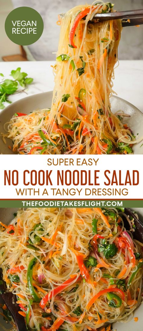 No Cook Noodle Salad with a Tangy Dressing Vegan Vermicelli, Asian Noodle Salad Recipe, Glass Noodle Salad, Noodle Salad Cold, Asian Noodle Salad, Rice Noodle Salad, Vietnamese Style, Noodle Salad Recipes, Miso Dressing