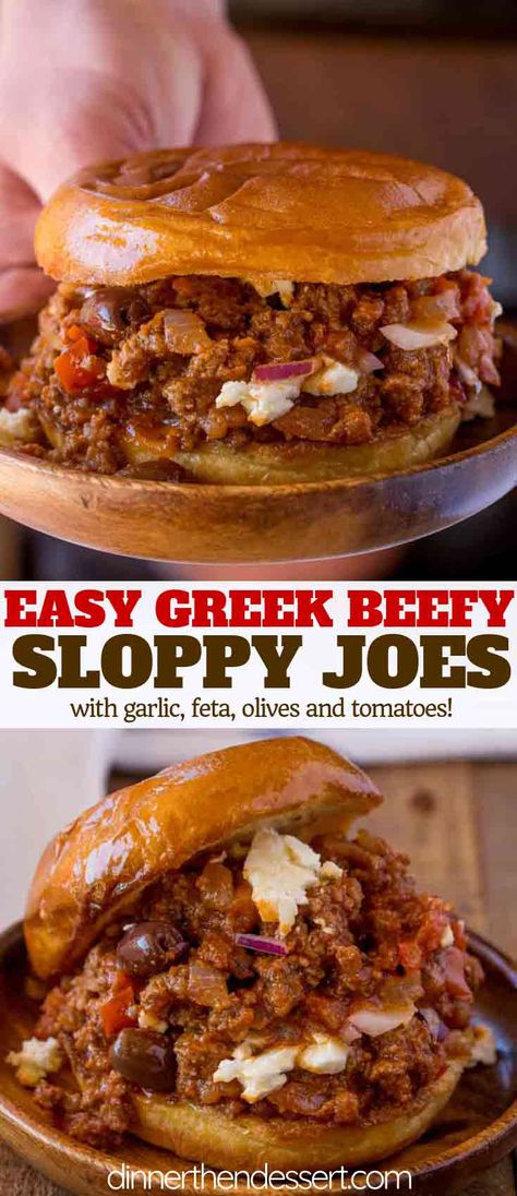 Greek Sloppy Joes made with ground beef, tomato gravy, feta cheese, and kalamata olives on a toasted brioche bun will melt in your mouth and are ready in less than 30 minutes! #DinnerThenDessert #SloppyJoes #SloppyJoe #GroundBeef #GreekFood #GreekRecipes Feta And Ground Beef, Ground Beef And Feta Recipes, Greek Ground Beef Recipes, Loose Meat, Beef Tomato, Brioche Bun, Tomato Gravy, Sloppy Joes Recipe, Easy Meal Ideas