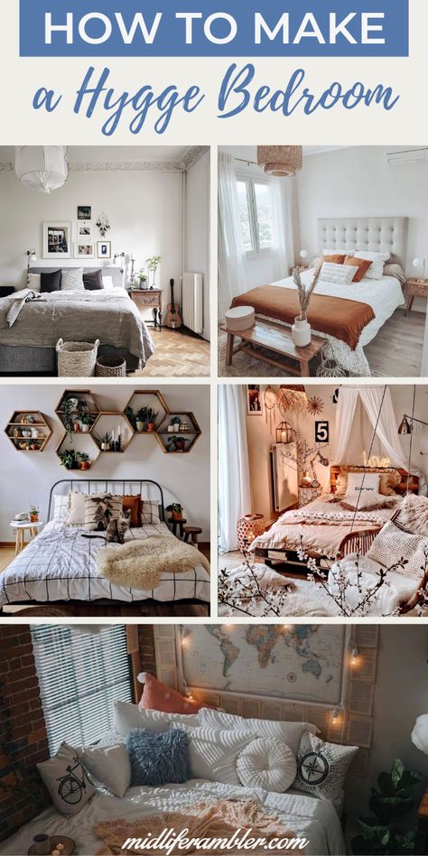 How to Make a Hygge Bedroom - These 10 hygge design ideas can help you bring the Scandinavian concept of hygge - coziness and contentment - to create your create your own hygge bedroom. Inspiration and ideas for hygge bedroom decor so you can make your very own hygge bedroom retreat. #hygge #hyggedecor #hyggebedroom #midliferambler Aesthetic House Bedroom, Hygge Bedroom Decor, Office Decor Dark, Hygge Bedroom Ideas, Bed Rooms Ideas, Cosy Bedroom Decor, Dark Cozy Bedroom Ideas, Living Room Decor Fall, Scandinavian Concept