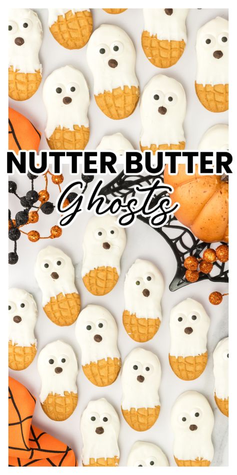 Nutter Butter Ghost Cookies on a Halloween decorated table Fun Halloween Sweet Treats, Halloween Themes Party Food, Halloween Nutter Butter, Halloween Party Food Sweets, Pumpkin Snacks For Kids To Make, Kids Halloween Party Treats For School, Halloween Inspired Finger Foods, Butter Butter Ghosts, Halloween Ghost Snacks