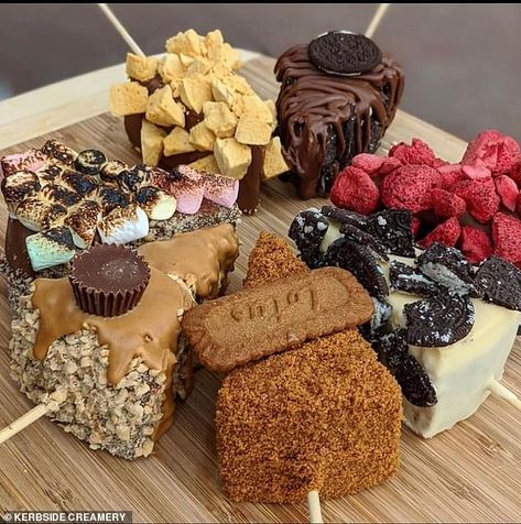 Kerbside Creamery: You can now buy cheesecake on a STICK: Hot Pink Food, Pink Food Truck, Cheesecake On A Stick Recipe, Cheesecake On A Stick, Pink Food, Dessert Shop, Fancy Desserts, Sweet Snacks Recipes, On A Stick