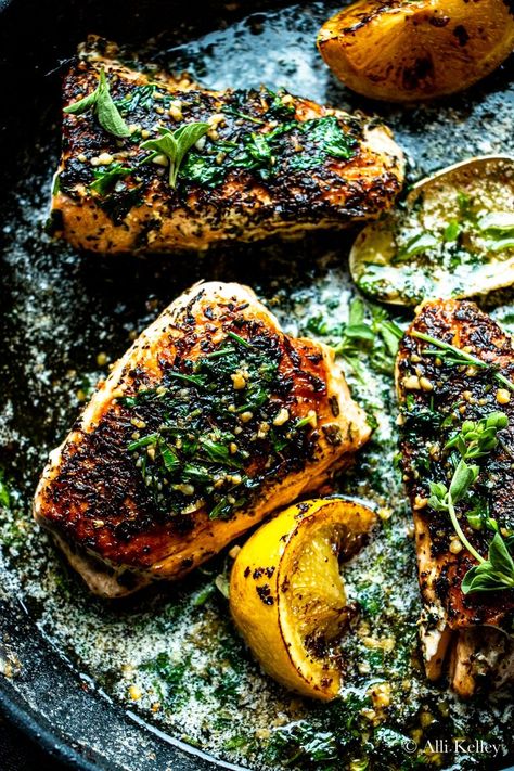 Lemon Herb Salmon, Herbed Butter, Herb Salmon, Cooking With Fresh Herbs, Salmon Filet, Lemon Herb, Herb Butter, Marjoram, Red Pepper Flakes