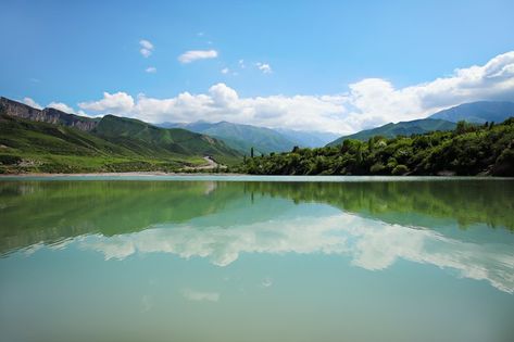 Panoramic view of a beautiful mountain l... | Premium Photo #Freepik #photo #mountain Mount Elbrus, Clear Lake, Green Valley, Panoramic View, Forest Landscape, Mountain Lake, Dark Skies, Autumn Landscape, Beautiful Lakes