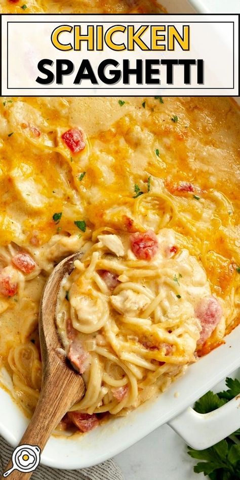 overhead photo of a baking dish of chicken spaghetti with a wooden spoon scooping and recipe title block at the top. Chicken And Spaghetti Recipes, Southern Chicken Spaghetti Recipe, Pioneer Woman Chicken Spaghetti, Cheese Chicken Spaghetti, Baked Chicken Spaghetti Recipe, Italian Casseroles, Creamy Chicken Spaghetti Recipe, Best Chicken Spaghetti Recipe, Easy Chicken Spaghetti Recipe