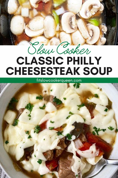 This slow cooker classic Philly cheesesteak soup is just like a classic Philadelphia cheesesteak sandwich, but in soup form. Tender pieces of beef slow cook with onions, bell peppers, mushrooms, and a homemade seasonings blend. Add the cheese at the end for a melty, cheesy delight in each spoonful. Pepper Steak Soup, Philly Cheese Steak Soup Crock Pot, Steak Soup Crockpot, Slow Cooker Cheesesteak, Philly Cheese Steak Soup, Cheese Steak Soup, Philly Cheesesteak Soup, Cheesesteak Soup, Philadelphia Cheesesteak