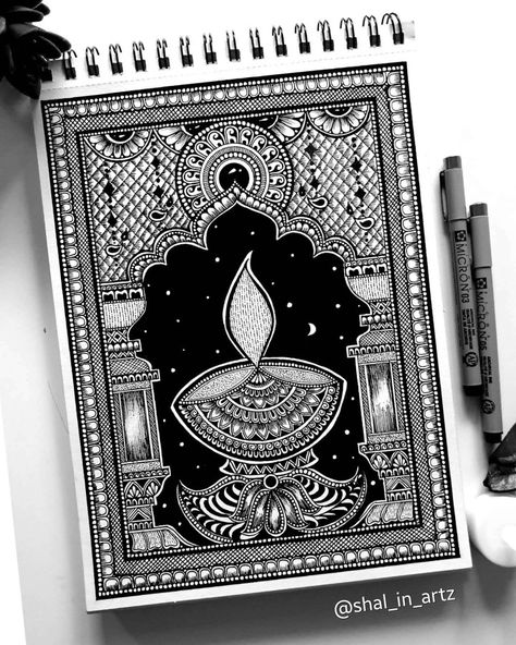 Sketch For Diwali, Diwali Sketch Ideas, Diwali Drawing Mandala, Diwali Mandala Art Ideas, Lamp Mandala Art, Diwali Drawing Sketch, Mandala Art For Diwali, Drawing On Diwali, Temple Mandala Art