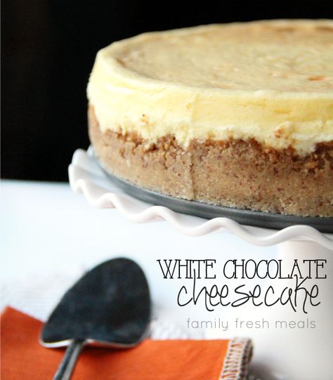 This White Chocolate Cheesecake is a great dessert choice for any gathers because you can make it ahead of time and chill until ready to serve. White Chocolate Cheesecake Recipes, Baked White Chocolate Cheesecake, Chocolate Cheesecake Bites, White Chocolate Desserts, Chocolate Cheesecake Recipe, Chocolate Cheesecake Recipes, White Chocolate Cheesecake, Fresh Meals, Family Fresh Meals