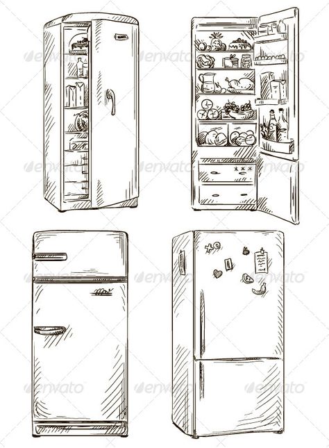 Fridges. Open Fridge Drawing, Fridge Sketch, Refrigerator Drawing, Fridge Drawing, Fridge Illustration, Open Fridge, Drawing Interior Design, Cartoon Crochet, Objects Drawing